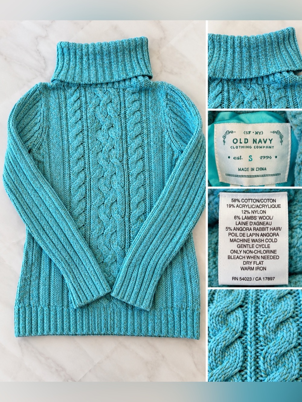 Old Navy Cable Knit Turtleneck Sweater Turquoise Wool Angora Blend S